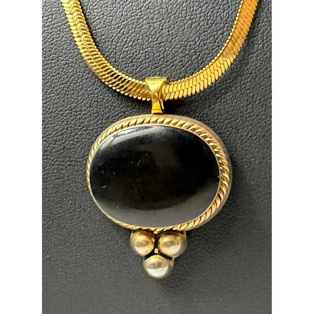 Vintage Necklace Gold Tone Black Herringbone Chain